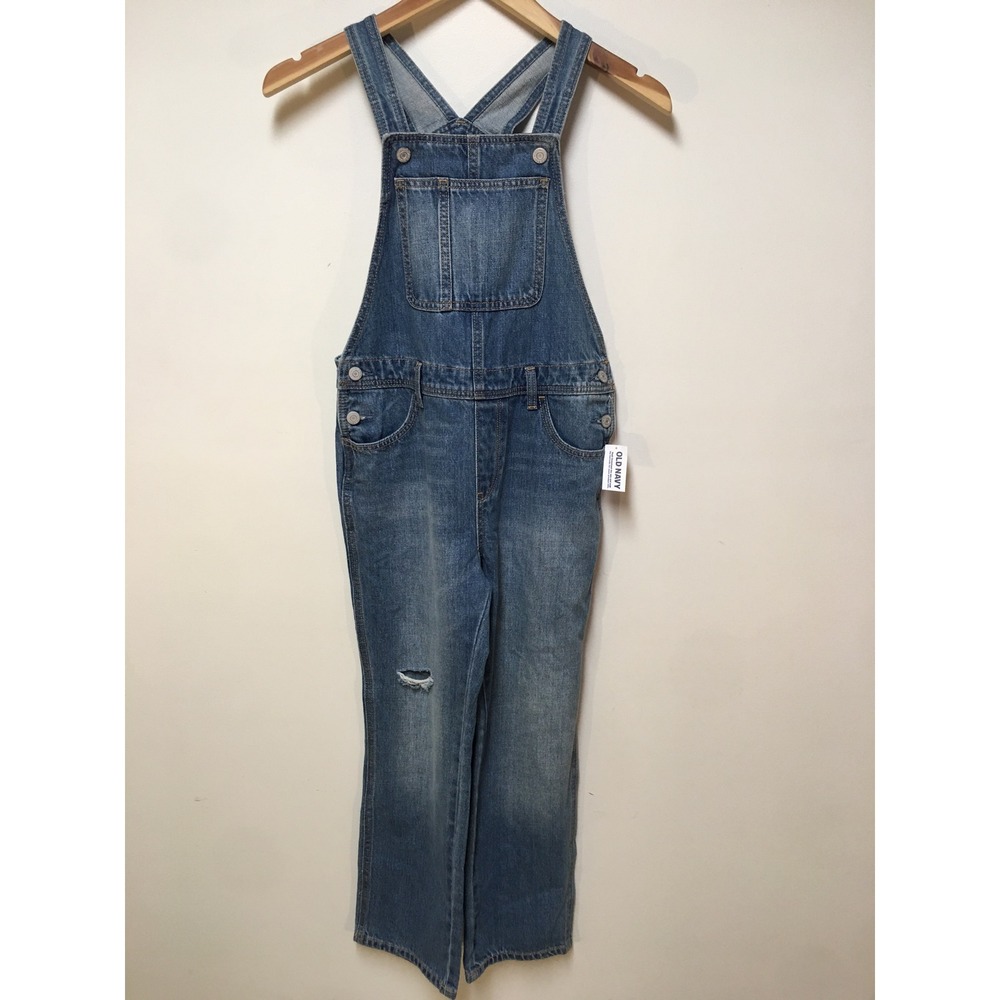 NEW Old Navy Denim Overalls Kid Size L 10-12 Blue Distressed Straight Leg Unisex
